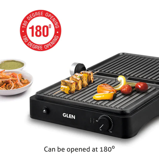 Glen Electric Contact Grill & Sandwich Maker with 180-degree opening, Non-Stick Plates, 1900w - Silver