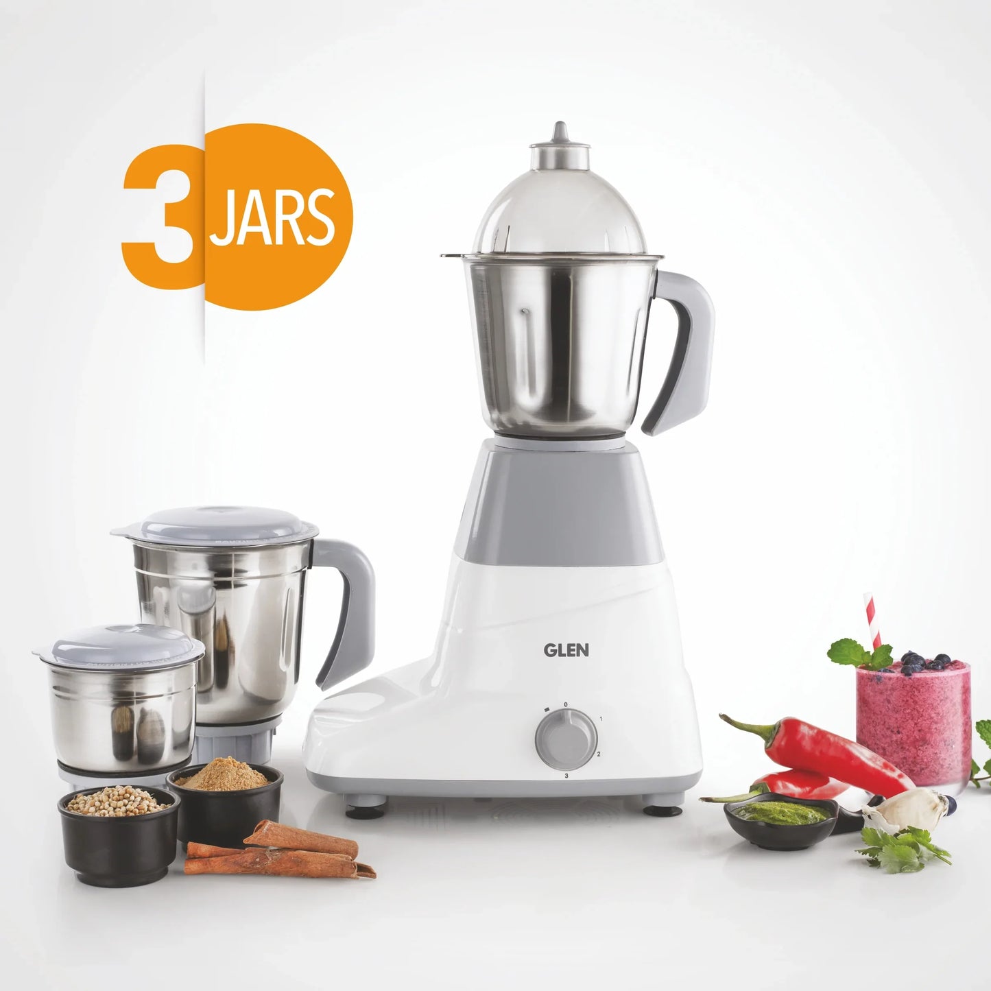 Glen Mixer Grinder 750W with 3 Stainless Steel Liquidiser, Grinder and Chutney Jars - Grey (4025)