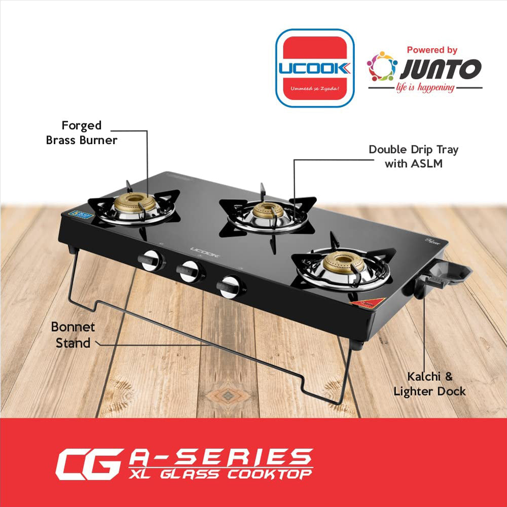UCOOK JUNTO By United Ekta Engg. A Series XL Gas Stove With Glass Cooktop (3 Burners)