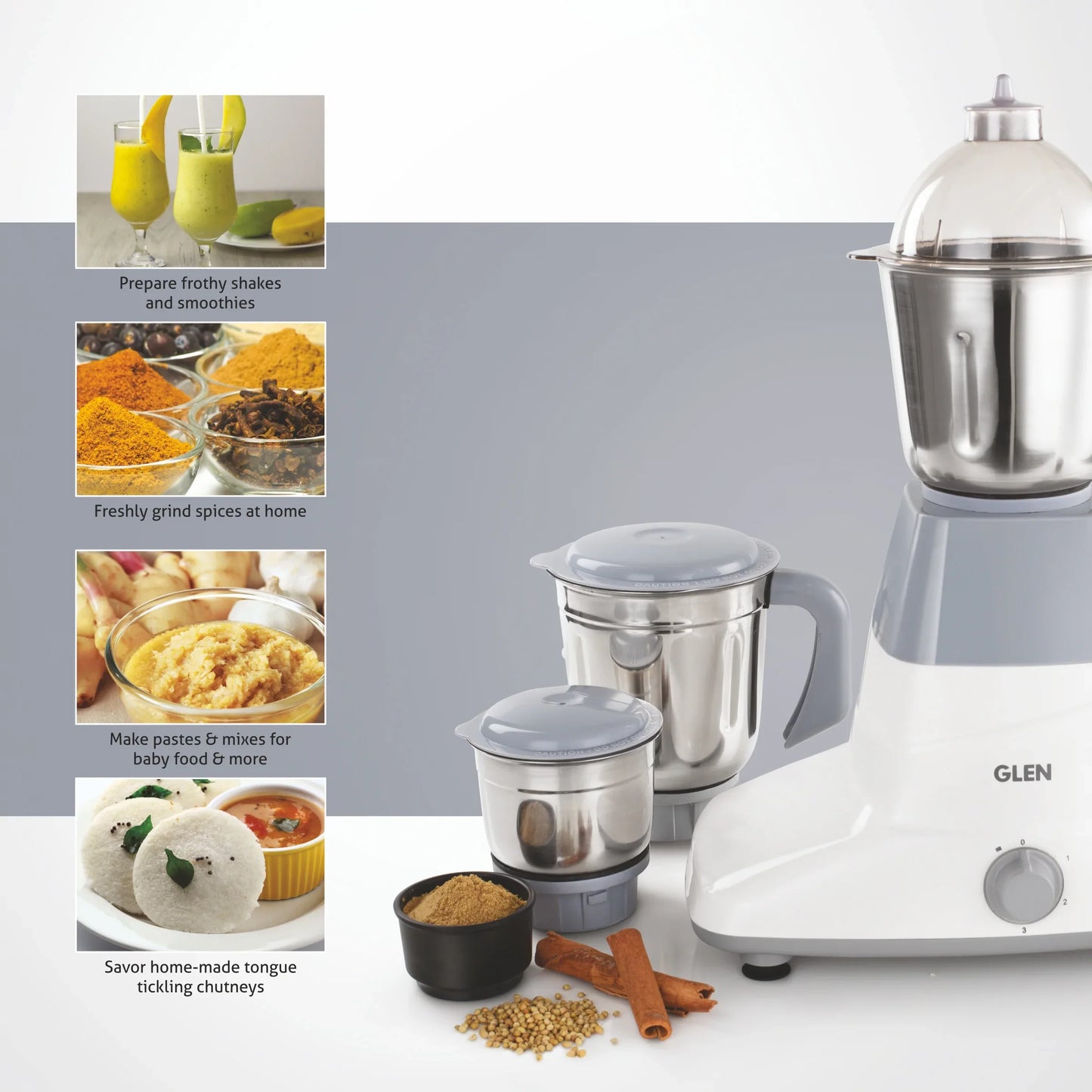 Glen Mixer Grinder 750W with 3 Stainless Steel Liquidiser, Grinder and Chutney Jars - Grey (4025)