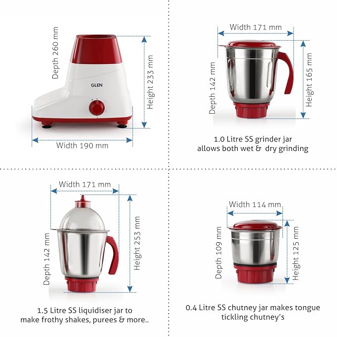 Glen Mixer Grinder 500W with 3 Stainless Steel Liquidiser