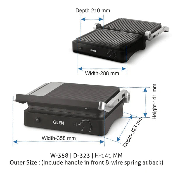 Glen Electric Contact Grill & Sandwich Maker with 180-degree opening, Non-Stick Plates, 1900w - Silver