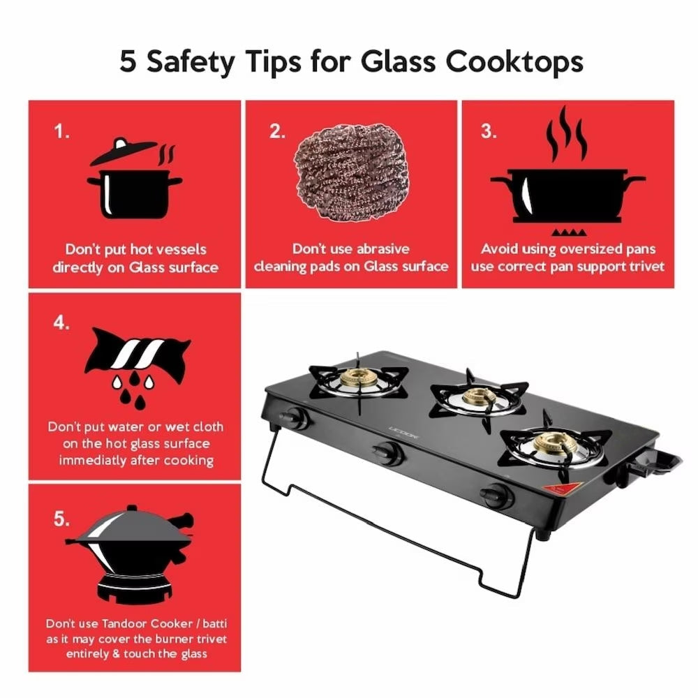 UCOOK Junto By United Ekta Engg. C Series Basic Gas Stove With Glass Cooktop (3 Burners), Manual, Black